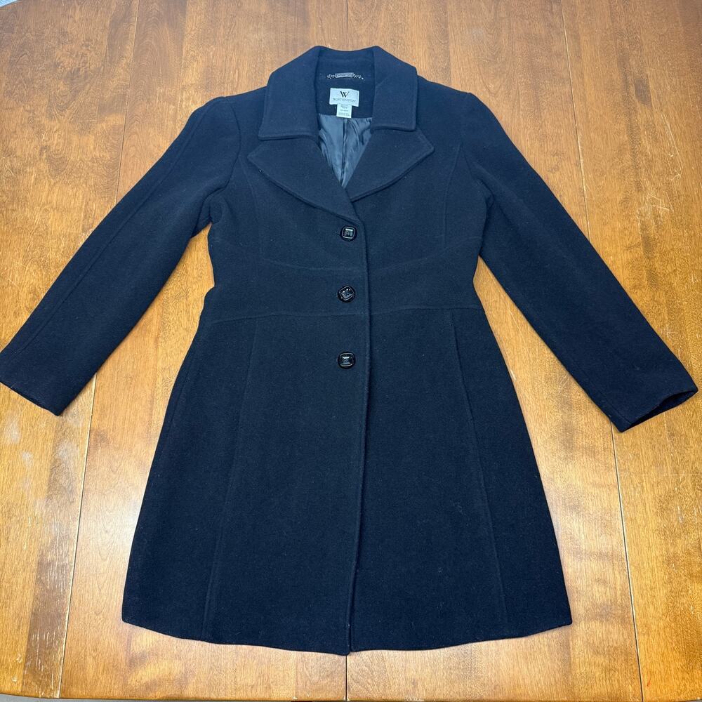 Worthington Petite Small Black Wool Blend Classic Fit Flare Dress Coat Women's